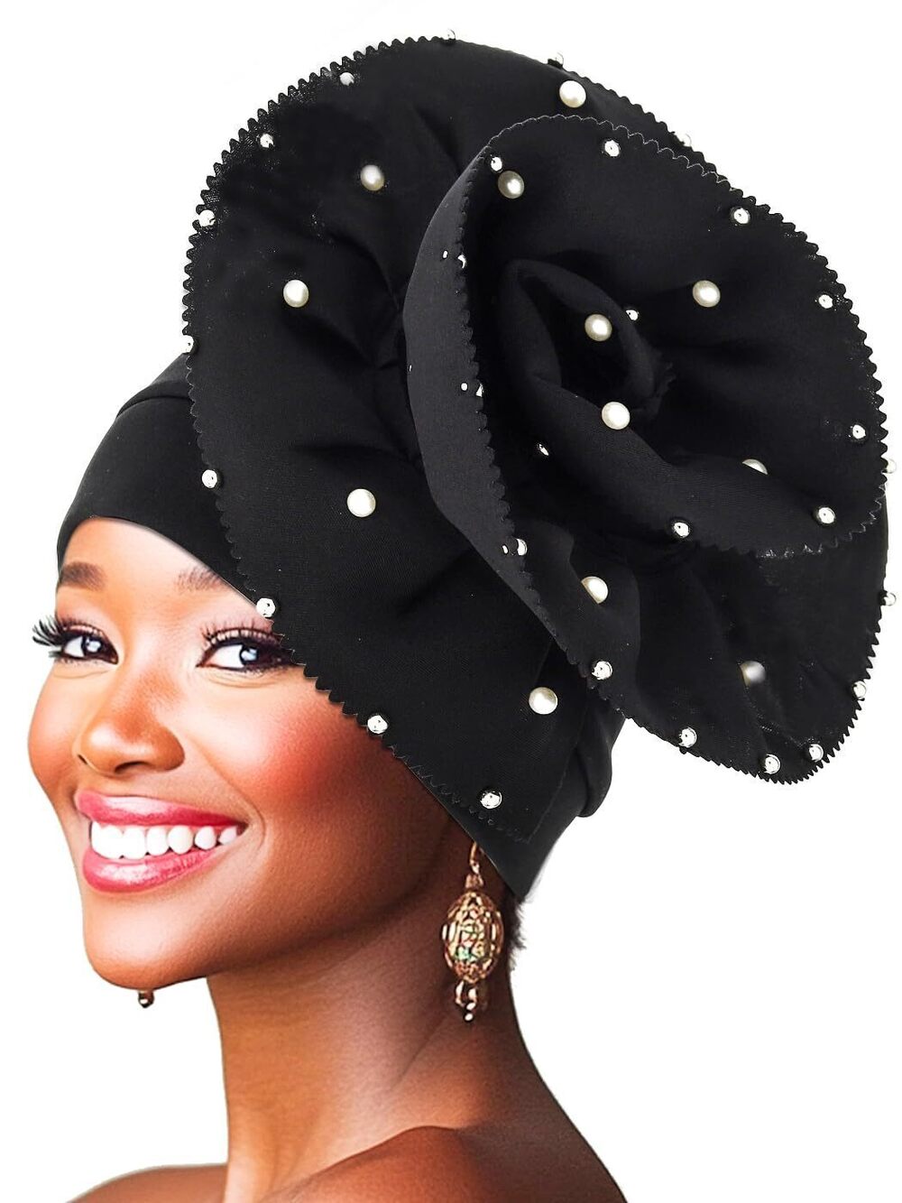 7303 African Turban Headwrap Black Flower Head Wrap Cap Pre-tied Pearl Head